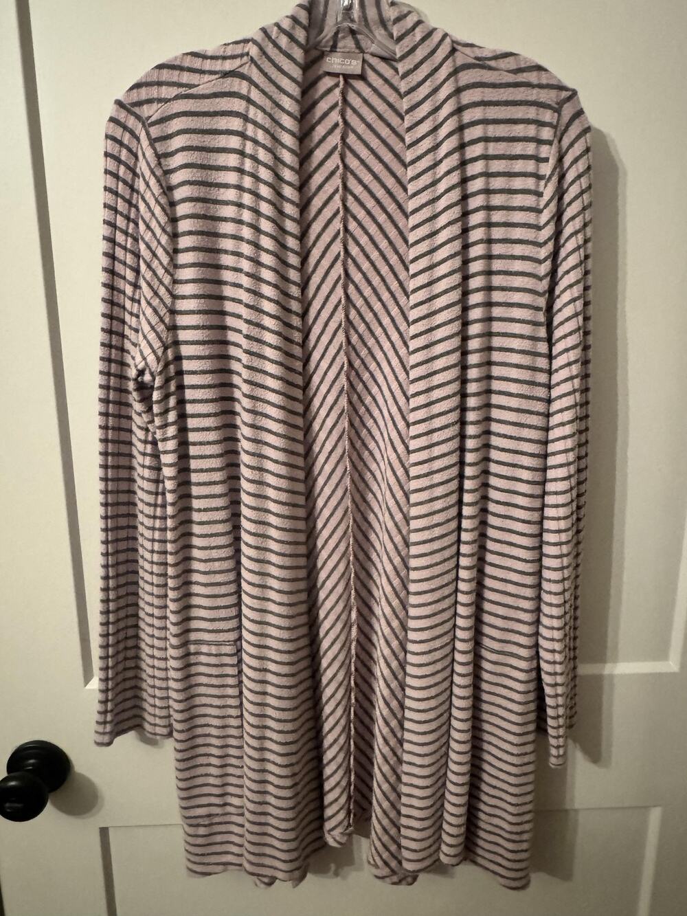 Chico's Zenergy Cardigan Sz 1 Pink Striped Open Front Knit Pockets Waffle Soft